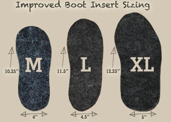 Three boot inserts labeled M, L, and XL with measurements on a beige background.