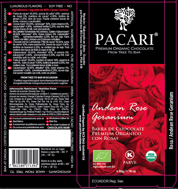 Pacari Andean Rose Geranium chocolate bar packaging with red roses and black background