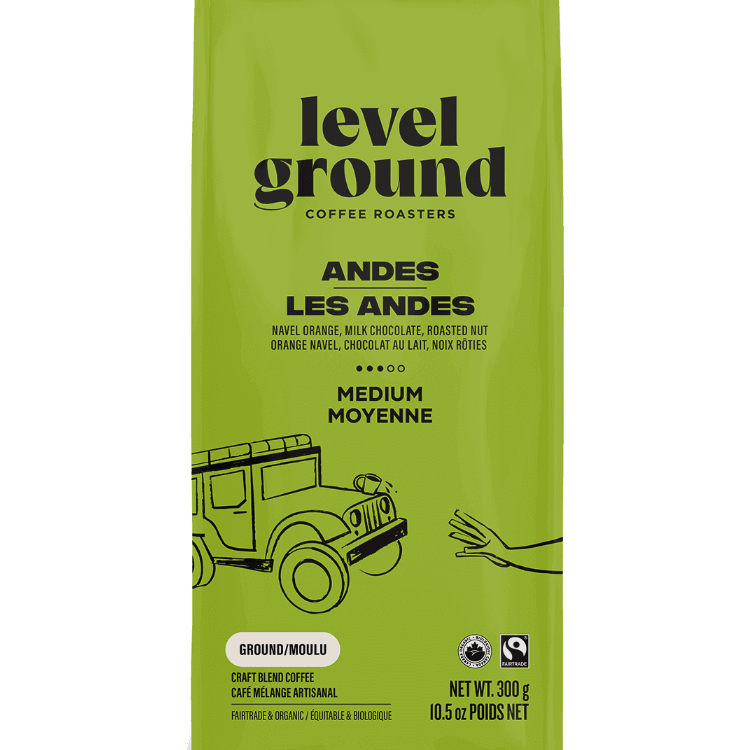 Andes Mountains Medium Roast Coffee Blend bag from Level Ground Trading – certified Fair Trade and organic, roasted in Victoria BC