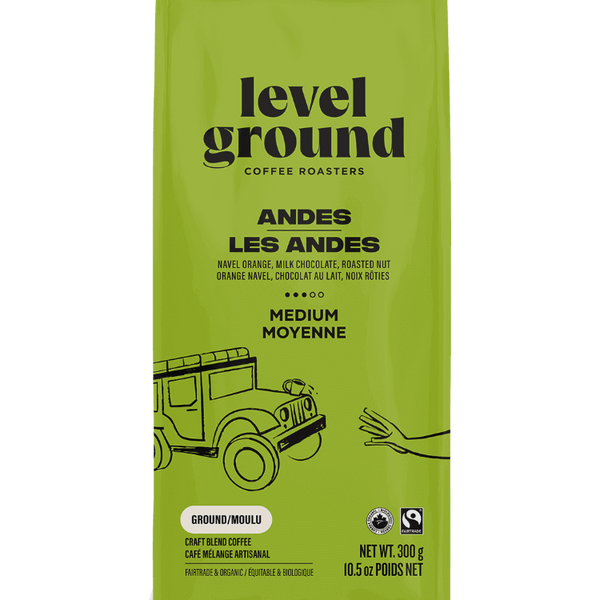 Andes Mountains Medium Roast Coffee Blend bag from Level Ground Trading – certified Fair Trade and organic, roasted in Victoria BC