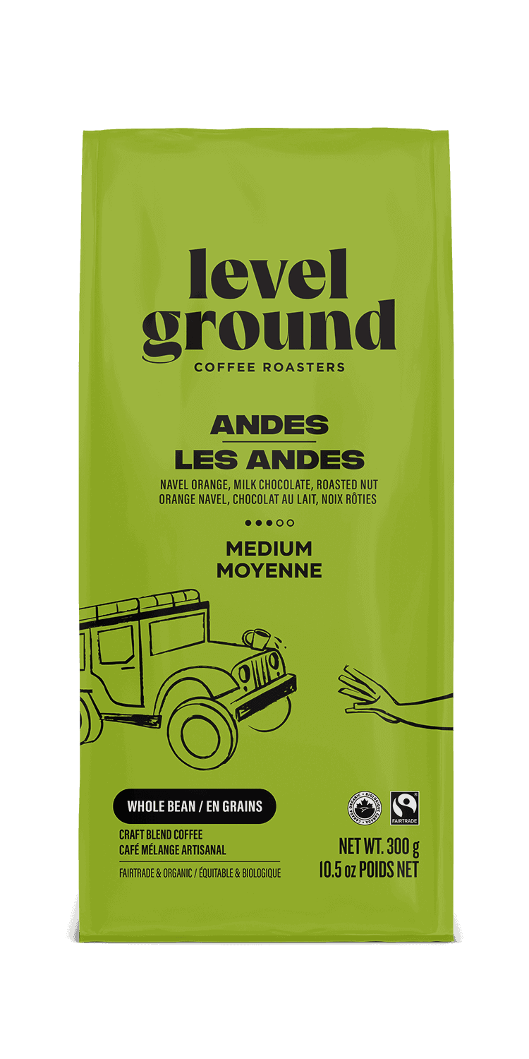 Close-up of Andes Mountains Medium Roast Blend packaging showing tasting notes of navel orange, milk chocolate, and roasted nut