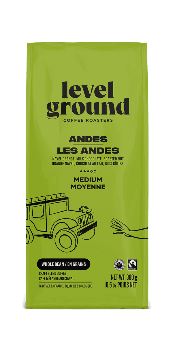 Close-up of Andes Mountains Medium Roast Blend packaging showing tasting notes of navel orange, milk chocolate, and roasted nut