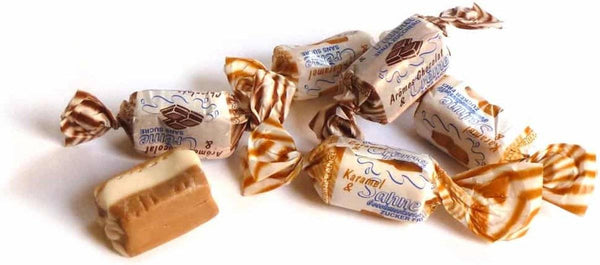 Andy Anand sugar-free cream toffees in caramel, chocolate and coffee flavors — 33-piece box, 7 oz, made in Chino California