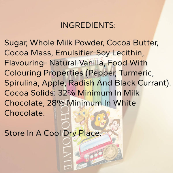 Chocolate bar with ingredients listed on a pink background