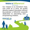 Advertisement for Education Without Boundaries with text and graphics about their mission.