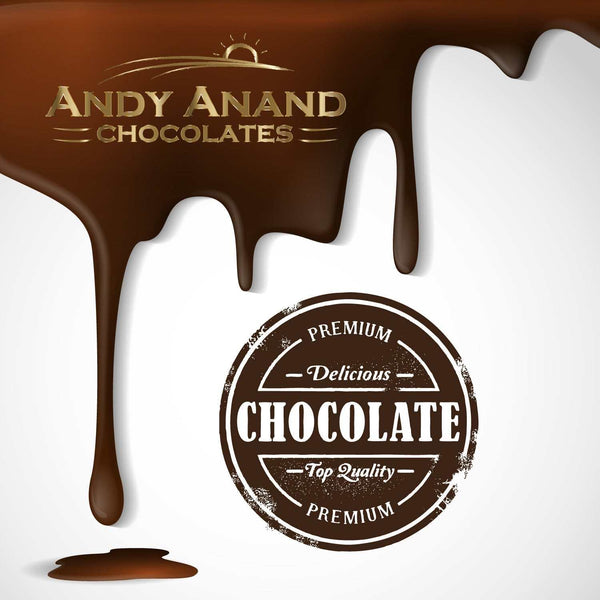 Dripping chocolate with 'Andy Anand Chocolates' logo and 'Premium Chocolate' label on a white background