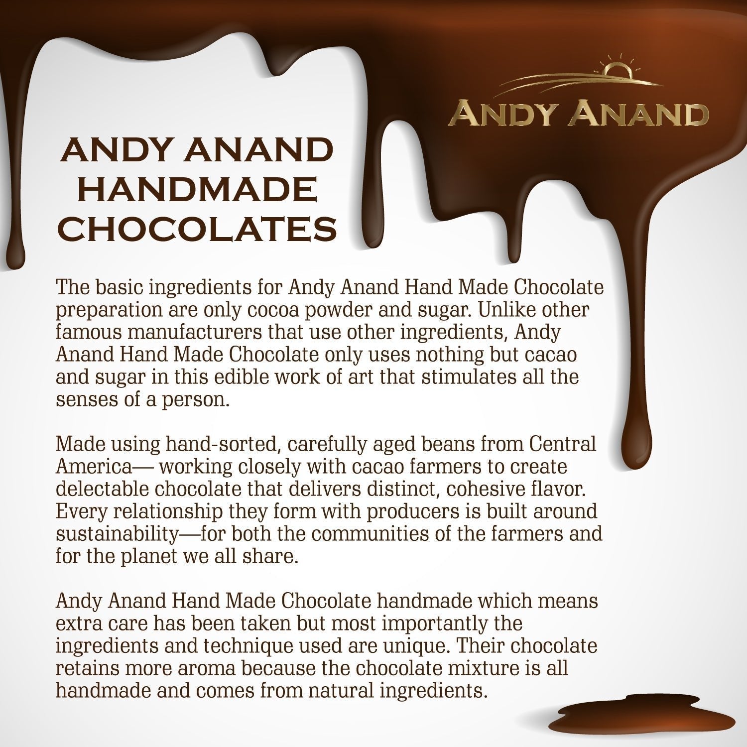 Andy Anand Handmade Chocolates advertisement with chocolate drizzle and text on a white background