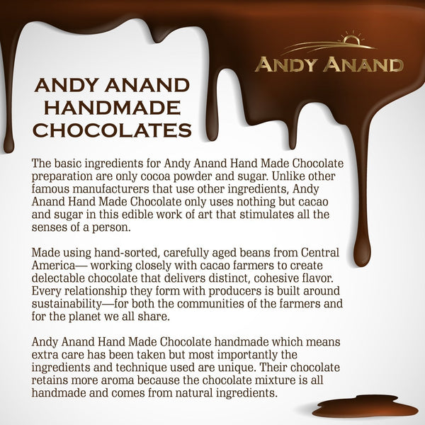 Andy Anand Handmade Chocolates advertisement with chocolate drizzle and text on a white background