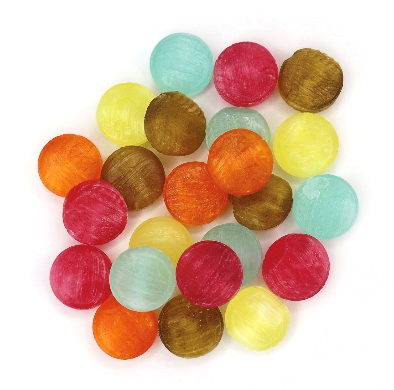 Assorted colorful round candies on a white background