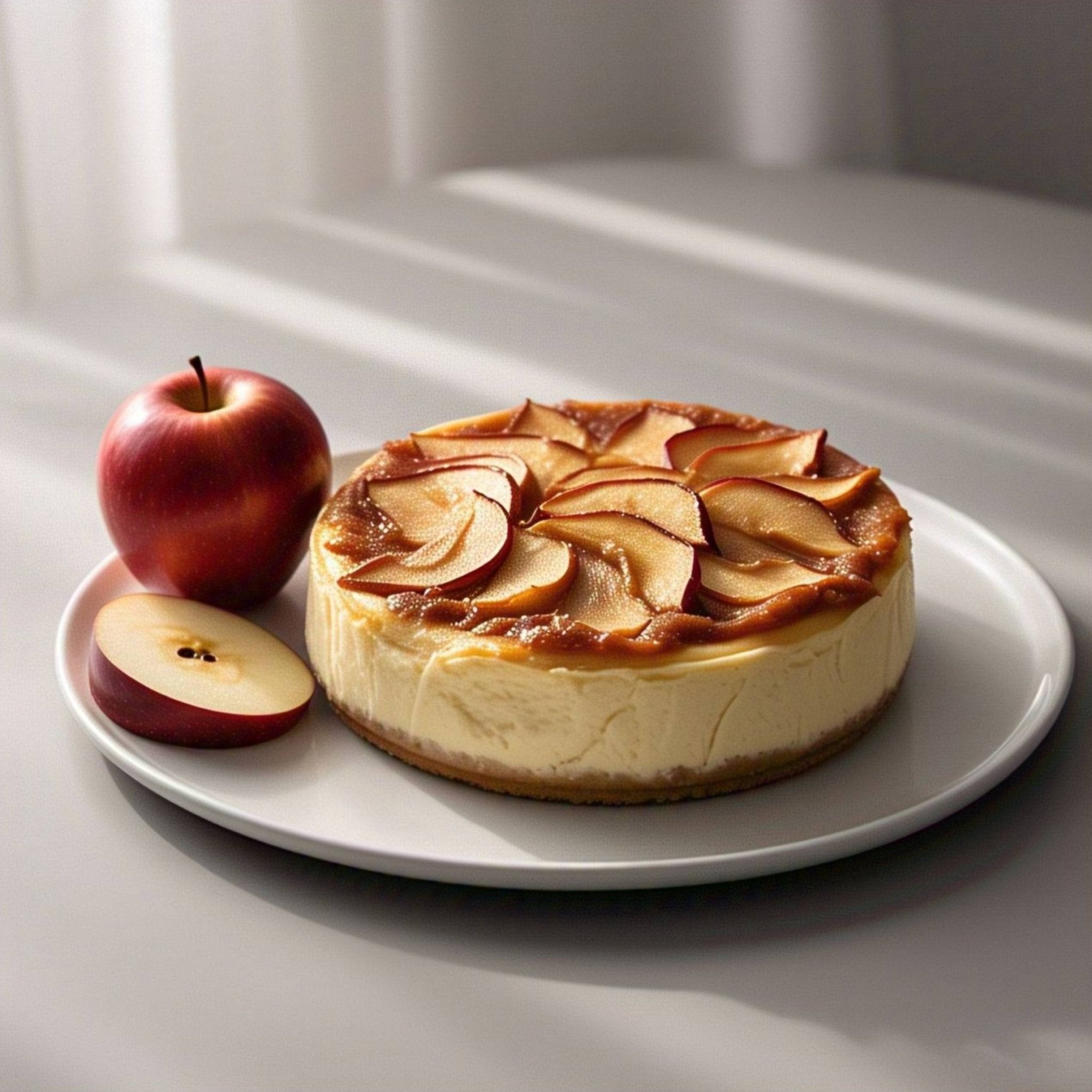 Close-up of Andy Anand gluten-free apple cheesecake showing layered cinnamon apple slices on cream cheese filling