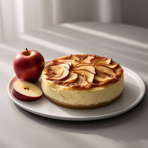 Close-up of Andy Anand gluten-free apple cheesecake showing layered cinnamon apple slices on cream cheese filling