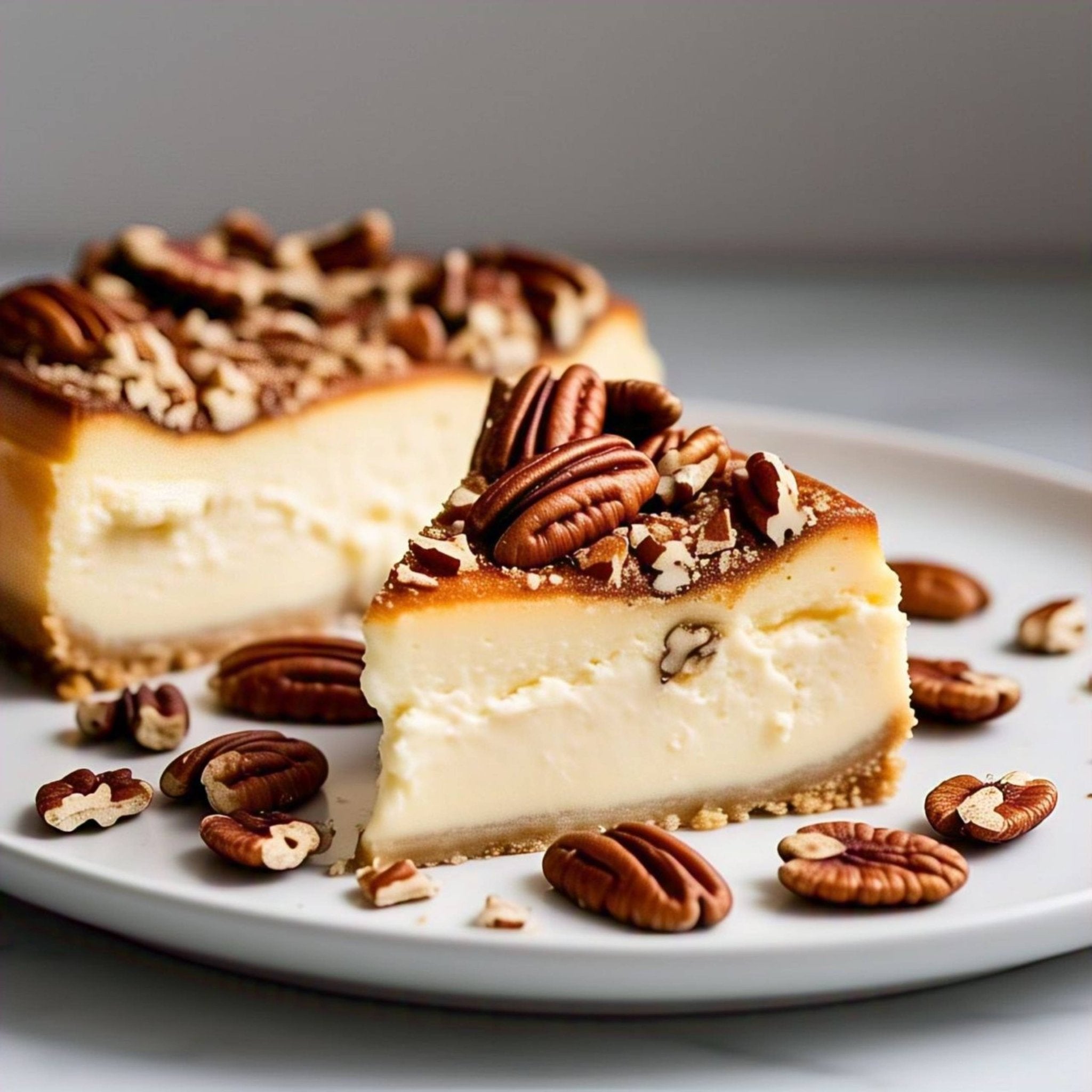 Close-up of Andy Anand gluten-free sugar-free caramel pecan cheesecake with hand-toasted pecan topping — all natural ingredients