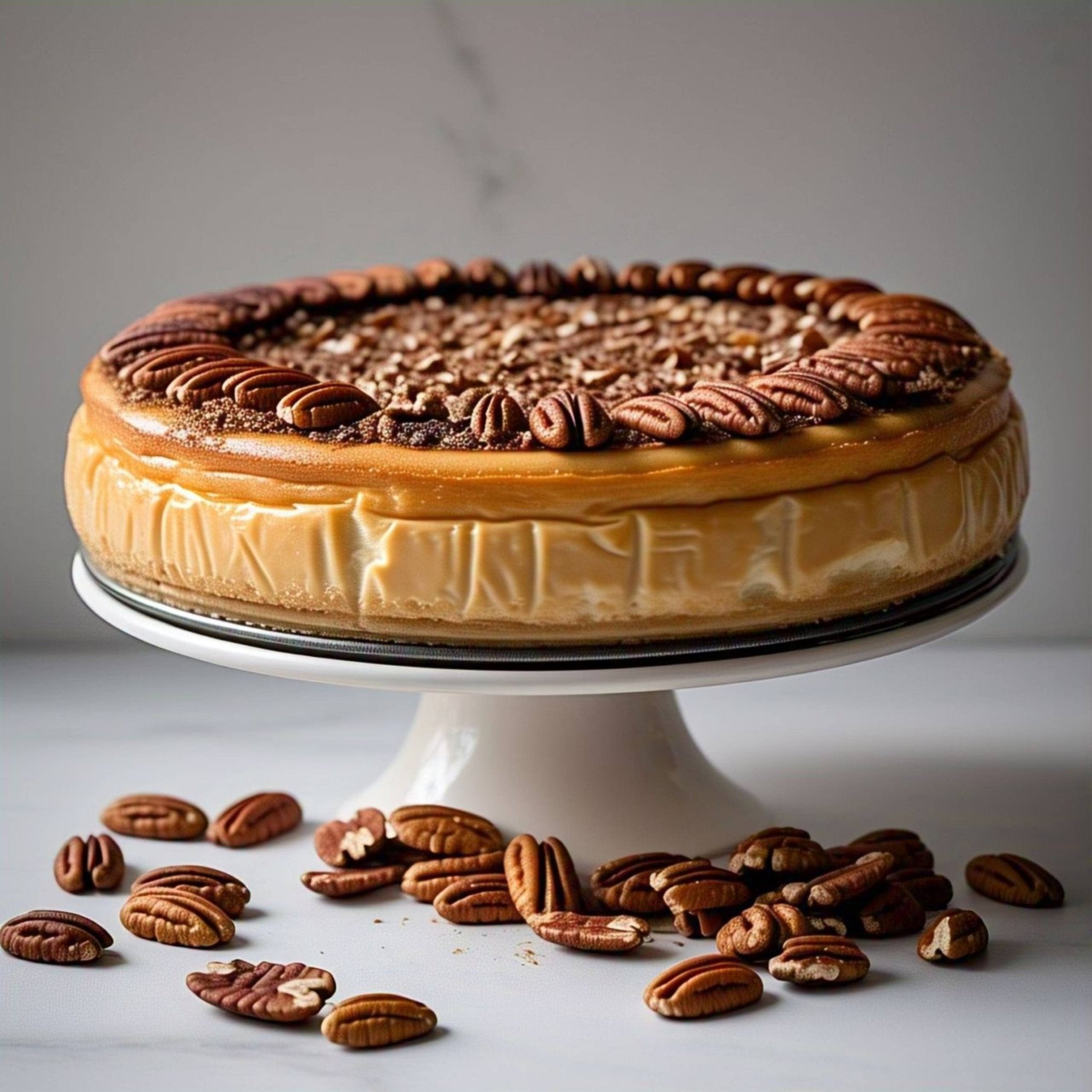 Whole Andy Anand gluten-free caramel pecan cheesecake with sugar-free caramel drizzle and toasted California pecans on top