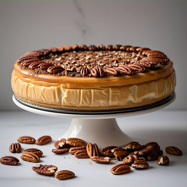 Whole Andy Anand gluten-free caramel pecan cheesecake with sugar-free caramel drizzle and toasted California pecans on top