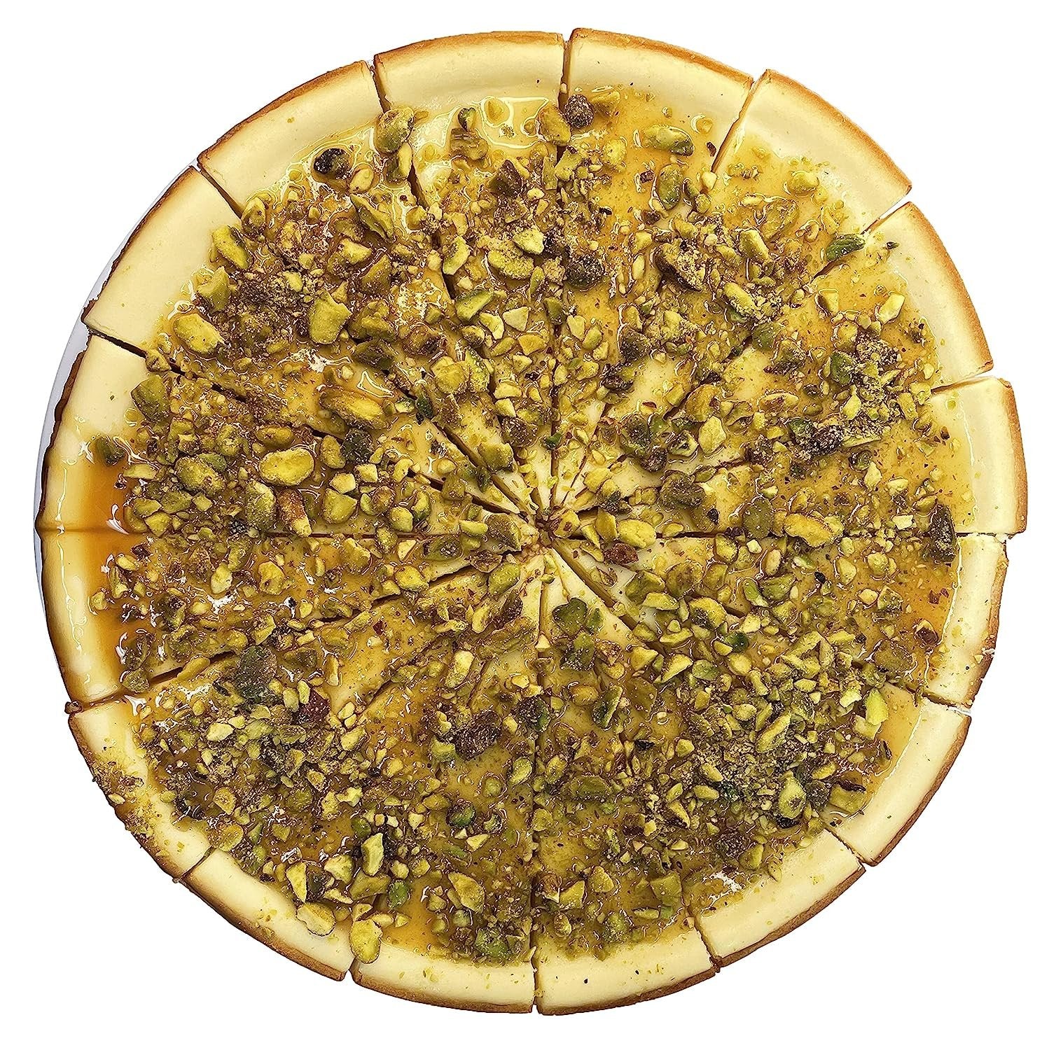 Side view of Andy Anand 2.6 lb sugar-free gluten-free pistachio caramel cheesecake showing creamy filling