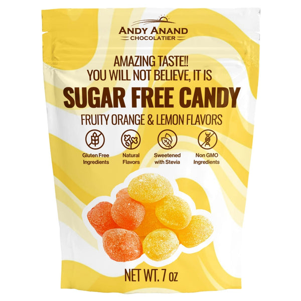 Andy Anand Chocolatier sugar-free candy package with orange and lemon flavors on a white background. Discover Andy Anand’s Sugar-Free Orange & Lemon Hard Candy. Naturally sweetened with Stevia and enriched with Vitamin C, these vegan, keto-friendly treats offer authentic Italian flavor. The perfect gift box for diabetics and health-conscious snackers!