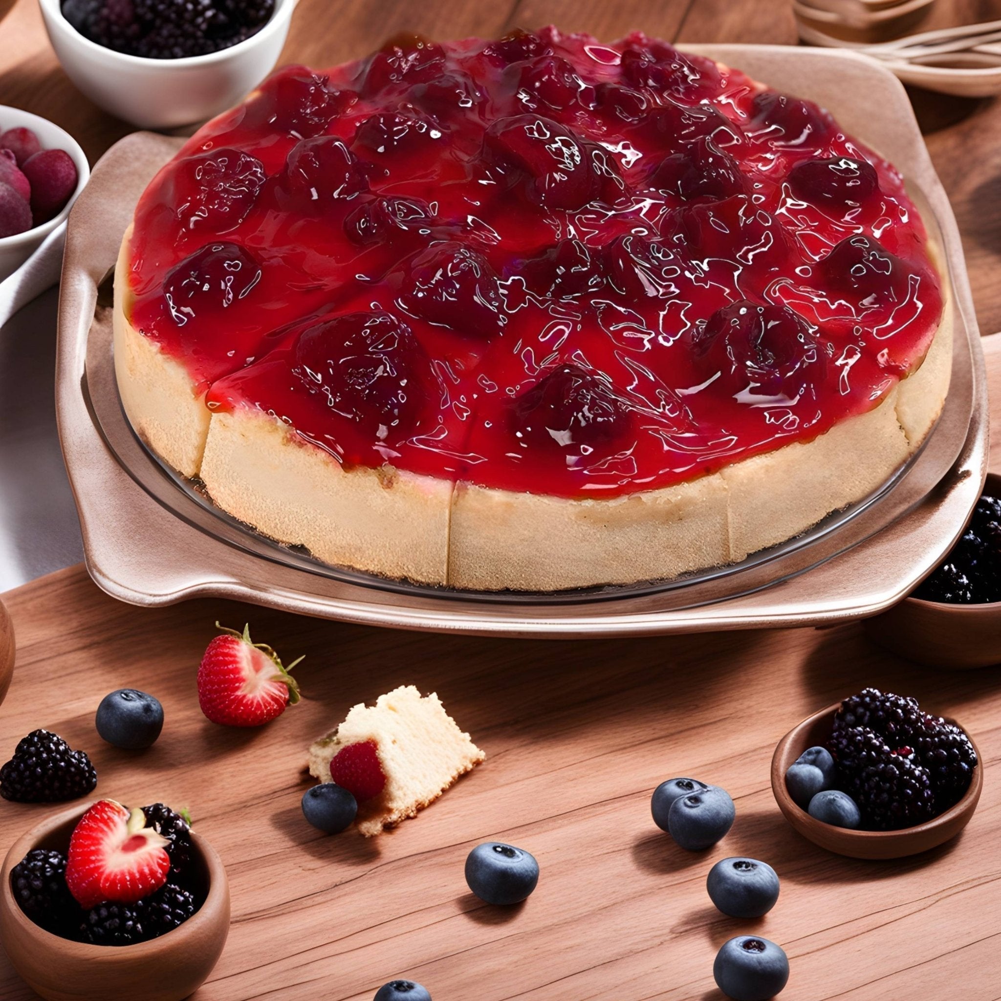 Close-up of fresh strawberry topping on Andy Anand gluten-free sugar-free cheesecake — no syrup, real fruit