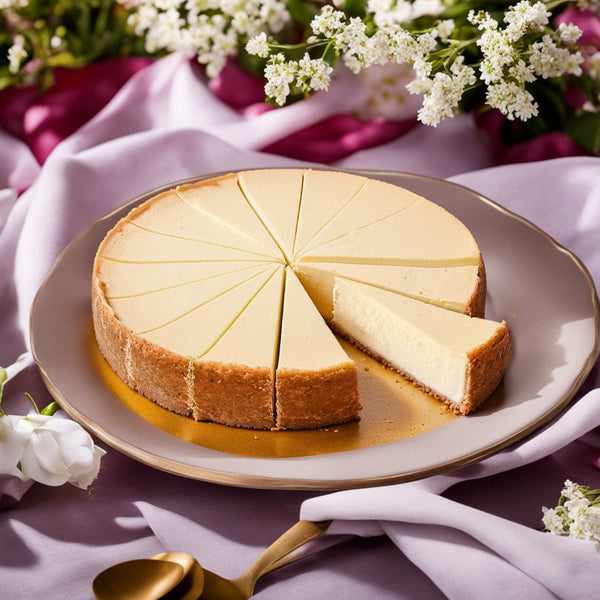 Cheesecake with a slice removed on a plate, surrounded by flowers and a gold spoon.