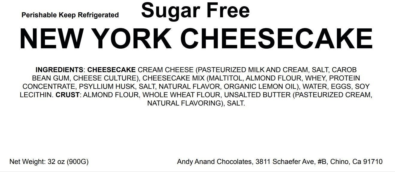 Sugar-free New York cheesecake label with ingredients list on a white background