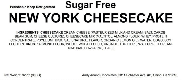 Sugar-free New York cheesecake label with ingredients list on a white background