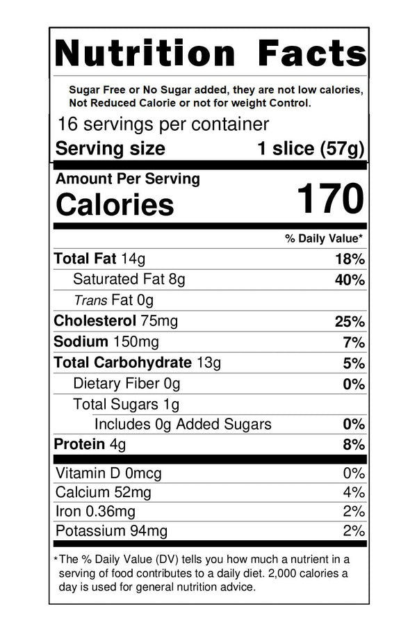 Nutrition facts label for a food product with detailed calorie and nutrient information.