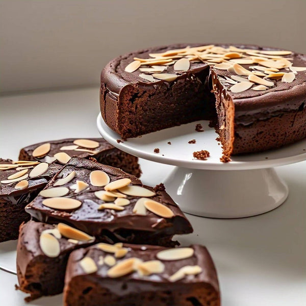 Chocolate cake with almonds on a white stand, with slices cut and displayed. Indulge in Andy Anand’s 2.5 lb Sugar-Free Chocolate Almond Cake. Naturally sweetened with Stevia and Monk Fruit, this 9" artisan cake is made with real California cream. The perfect diabetic-friendly gift for any celebration!