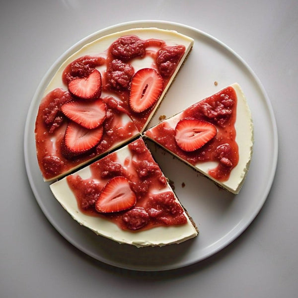 Whole sugar-free strawberry cheesecake with gluten-free crust on a white plate, side view showing dense cream cheese filling