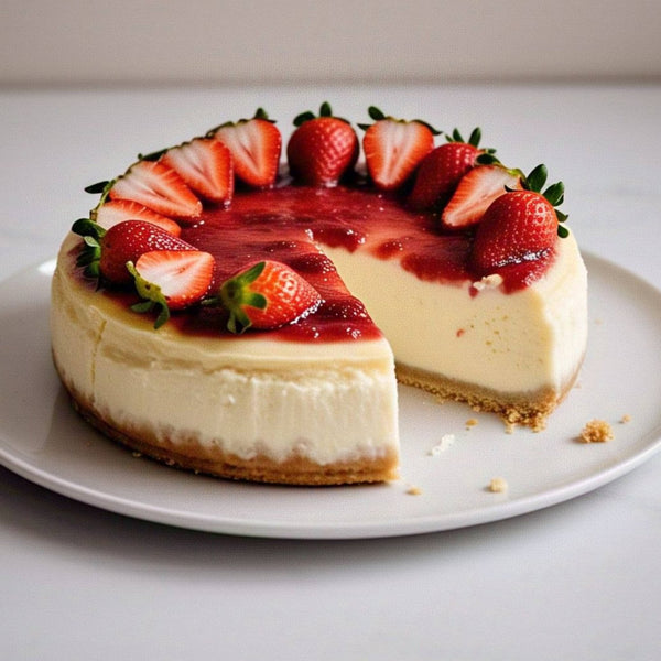 Andy Anand 9-inch sugar-free gluten-free strawberry cheesecake with fresh strawberry topping, 3.4 lbs, baked in California