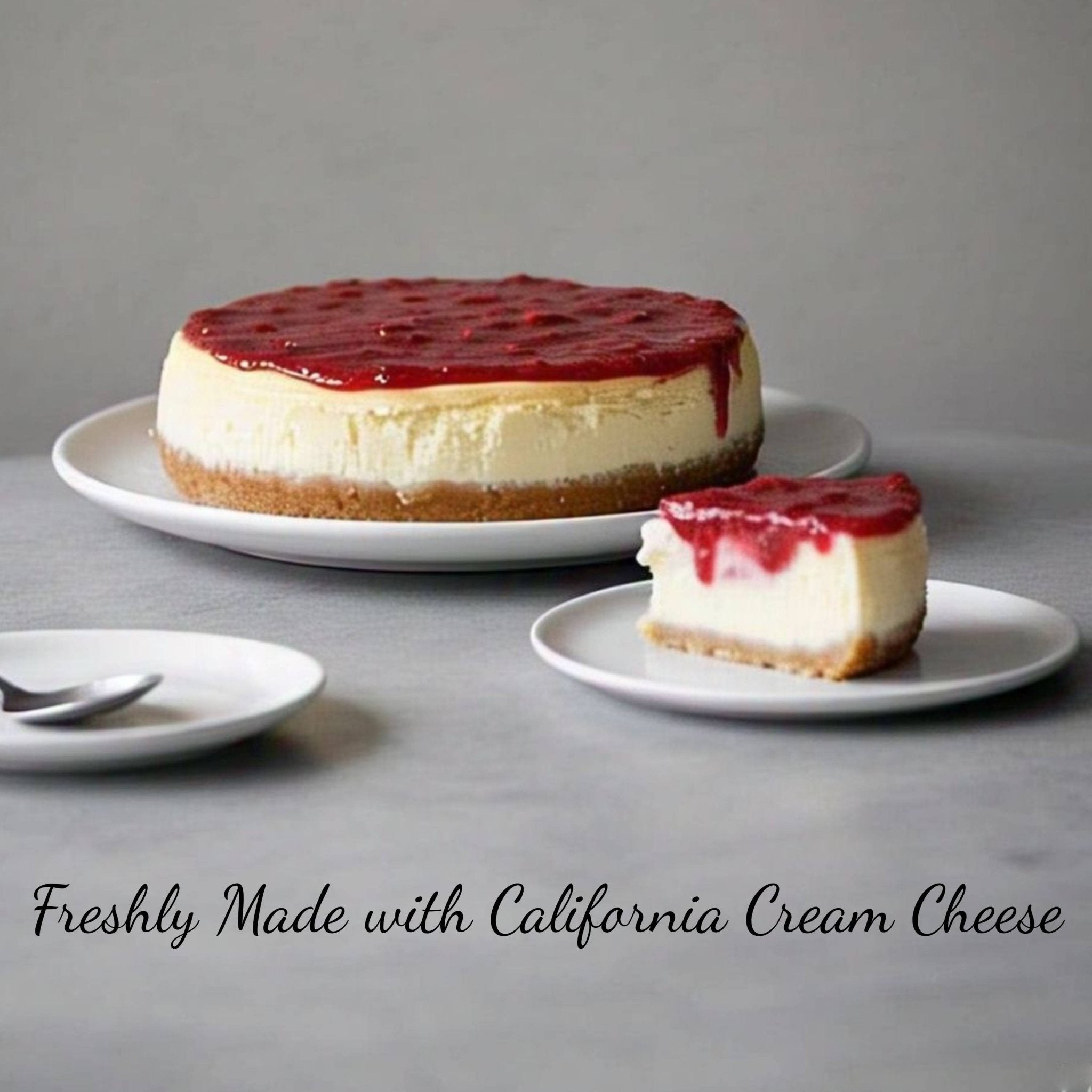 Slice of Andy Anand sugar-free gluten-free strawberry cheesecake showing creamy New York-style filling and gluten-free base