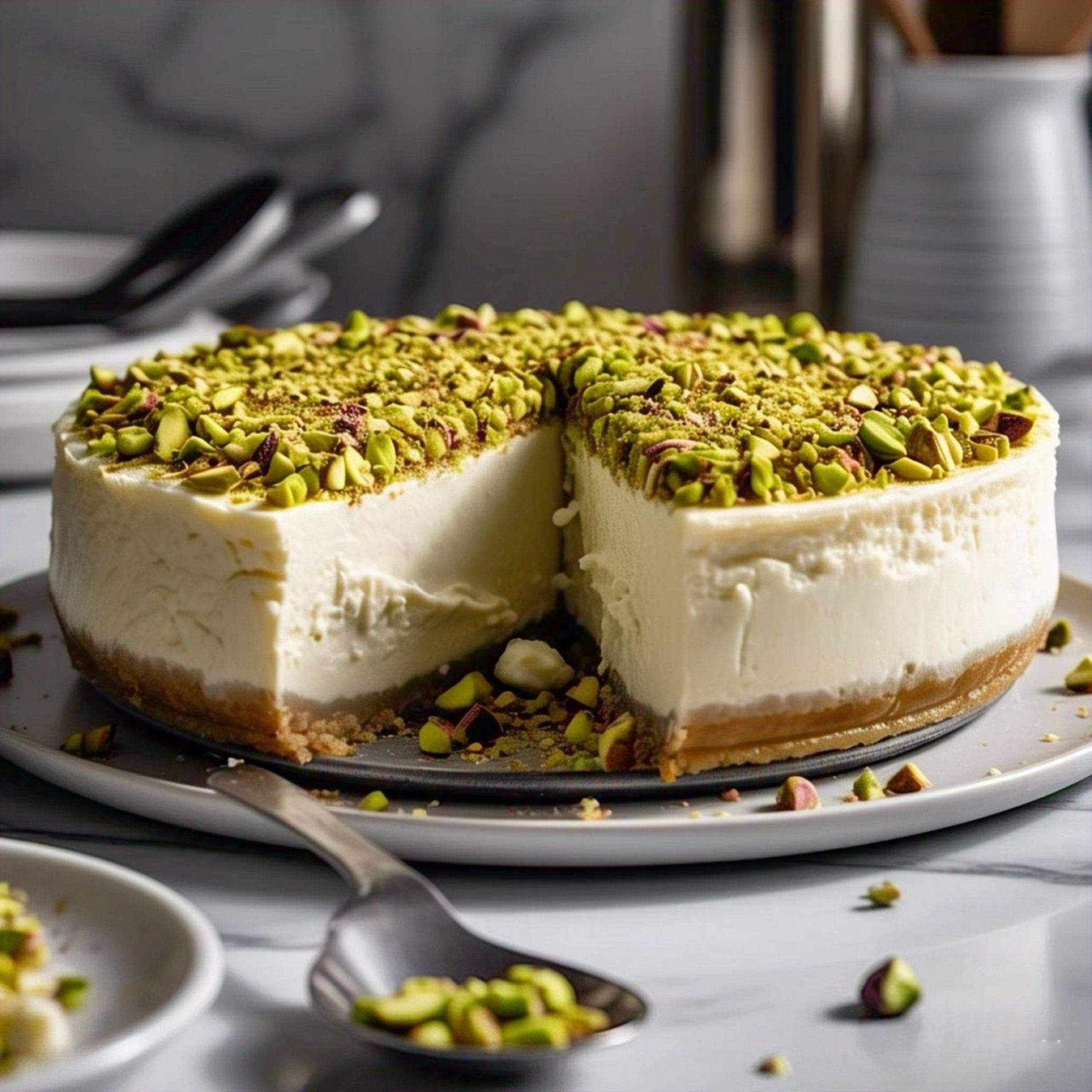 Close-up of Andy Anand diabetic-friendly caramel pistachio cheesecake topping with hand-toasted California pistachios