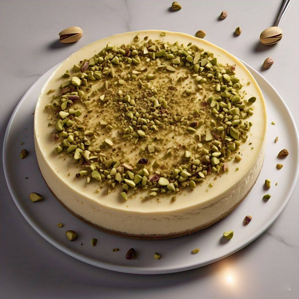 Whole Andy Anand caramel pistachio cheesecake with toasted pistachios and sugar-free caramel drizzle on gluten-free crust