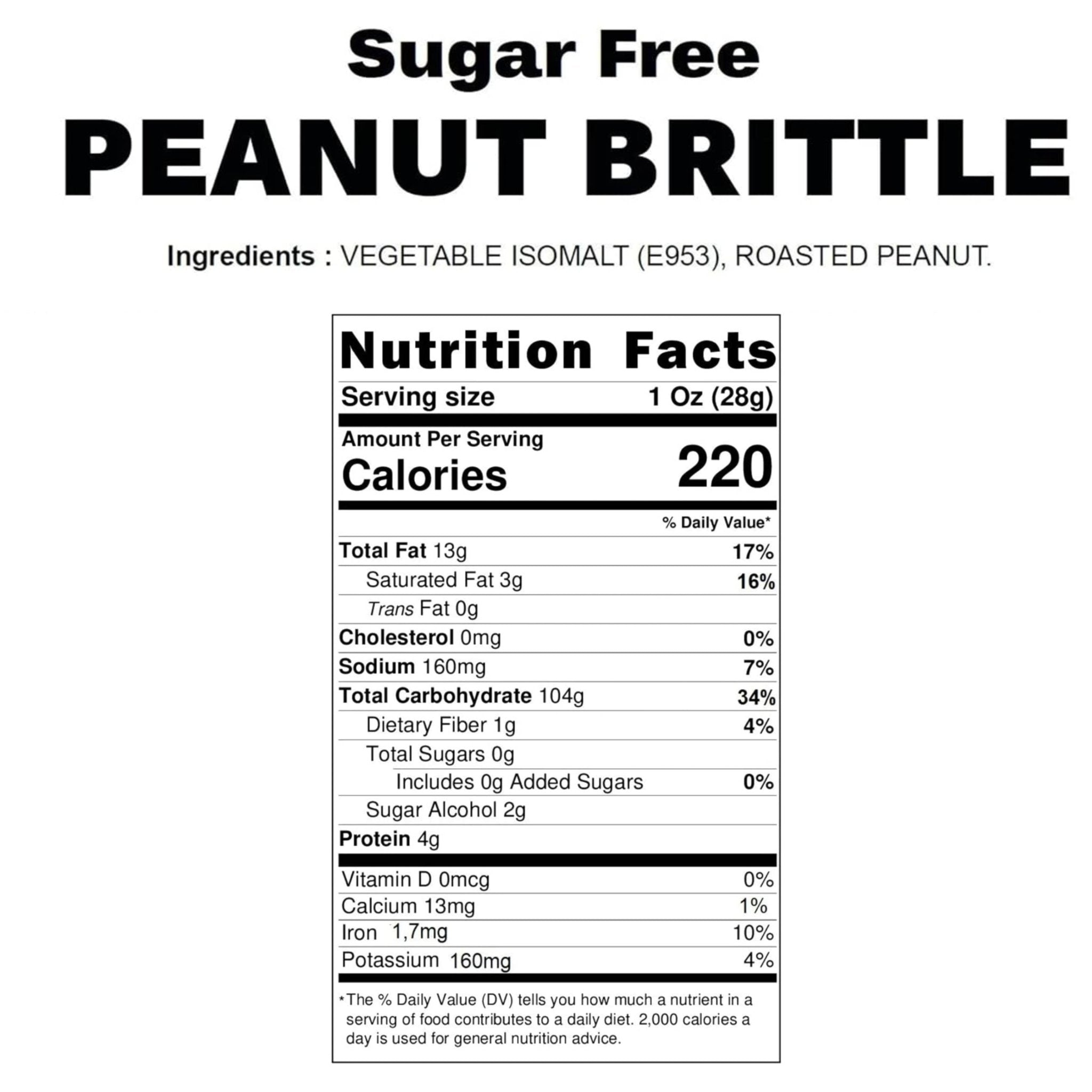Nutrition facts label for sugar-free peanut brittle on a white background