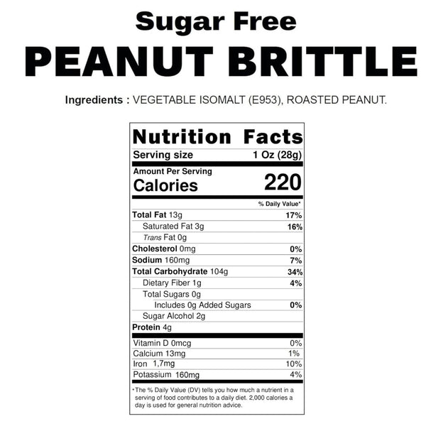 Nutrition facts label for sugar-free peanut brittle on a white background