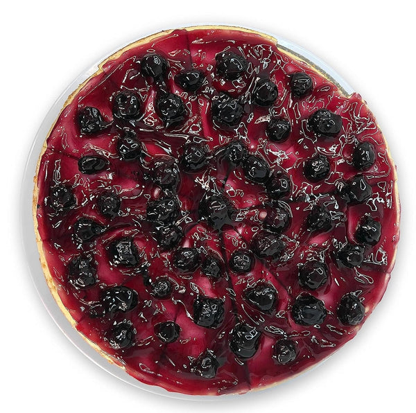 Slice of Andy Anand sugar-free blueberry cheesecake revealing creamy stevia-sweetened filling and fresh blueberry topping