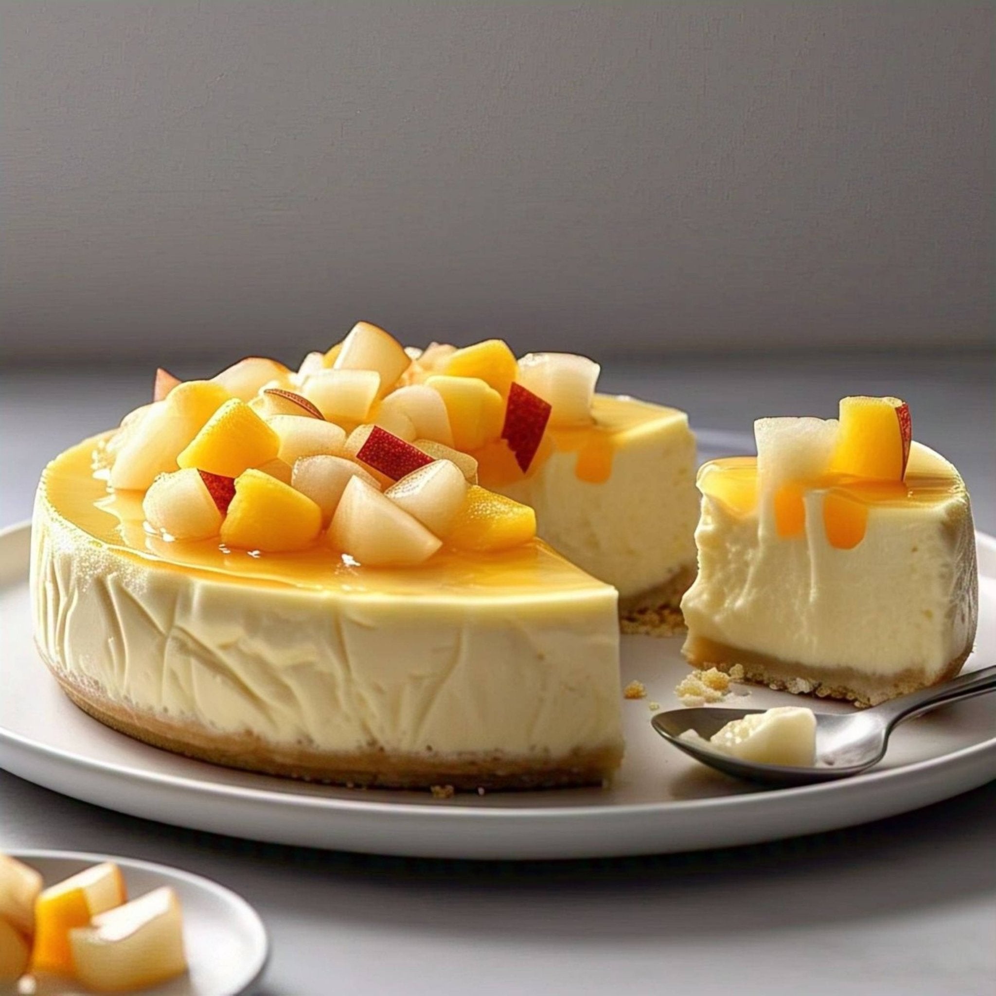 Slice of Andy Anand sugar-free tropical cheesecake showing dense New York-style cream cheese filling topped with fresh tropical fruits
