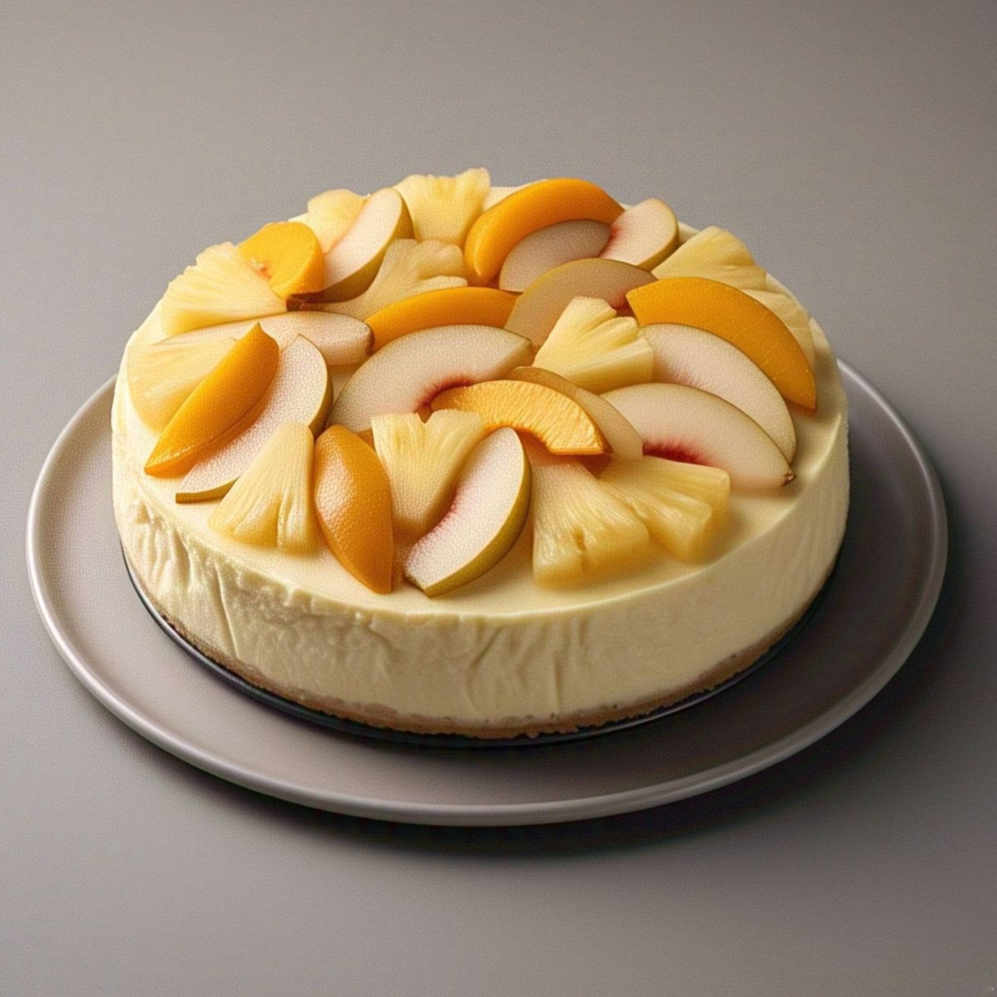 Whole sugar-free tropical fruit cheesecake with vibrant real fruit topping — mango, pineapple, and exotic fruits on a cream cheese base