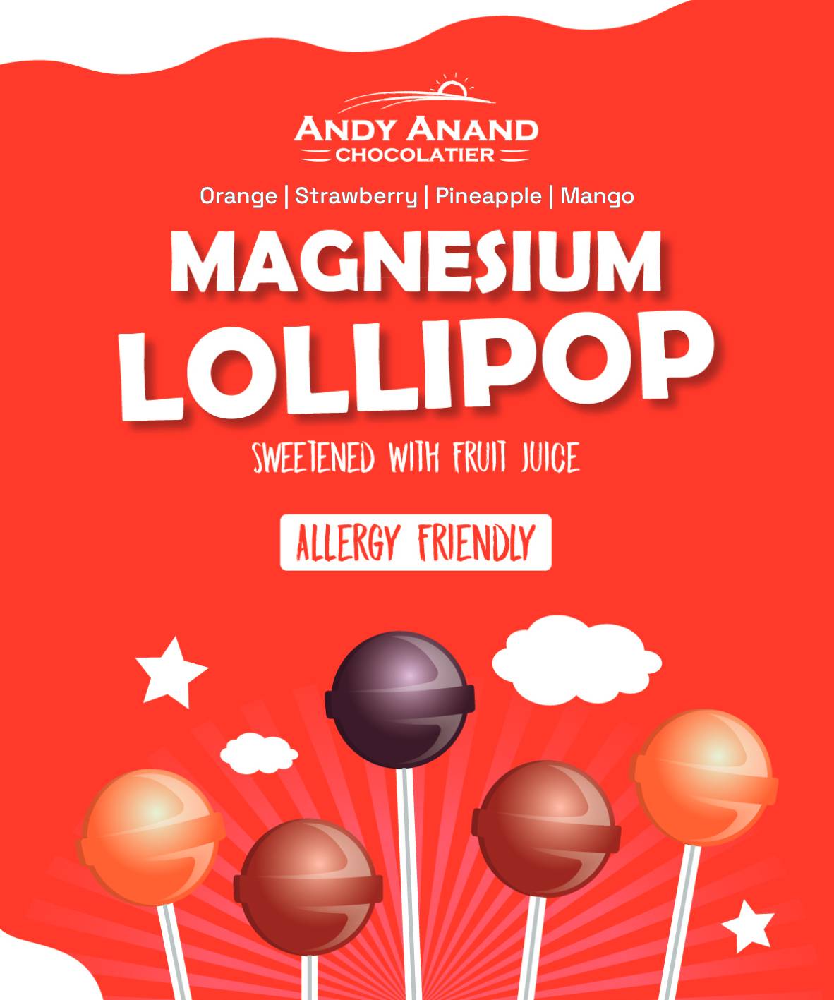 Andy Anand Chocolatier Magnesium Lollipop packaging with lollipops on a red background