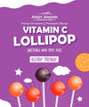 Purple packaging of Andy Anand Chocolatier Vitamin C Lollipops with colorful lollipops on a purple background.