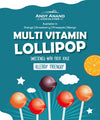 Andy Anand Chocolatier multi vitamin lollipop packaging with colorful lollipops on a blue background.