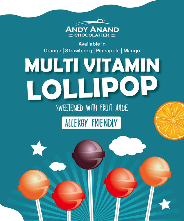 Andy Anand Chocolatier multi vitamin lollipop packaging with colorful lollipops on a blue background.