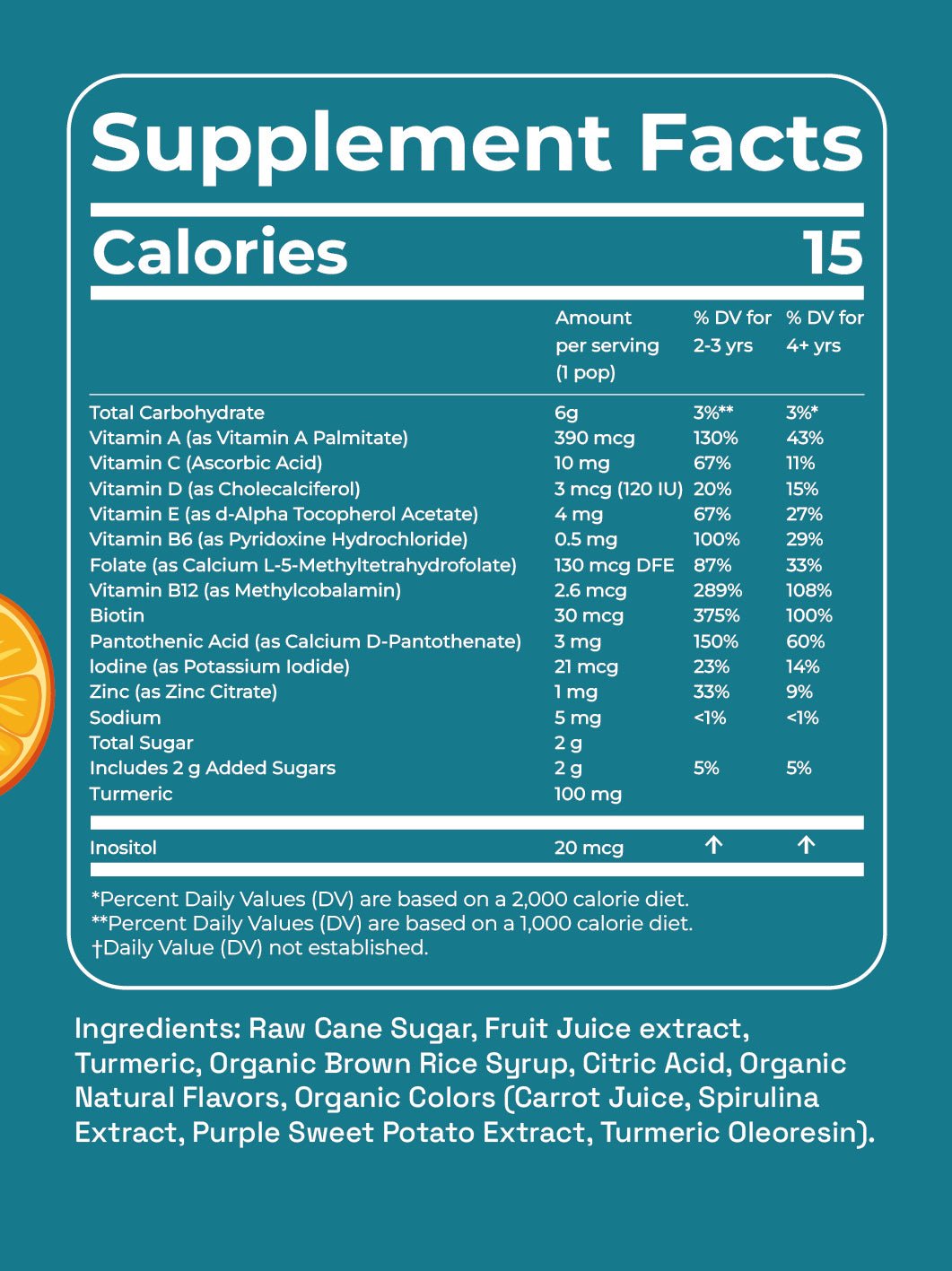Supplement facts label with detailed nutritional information on a blue background