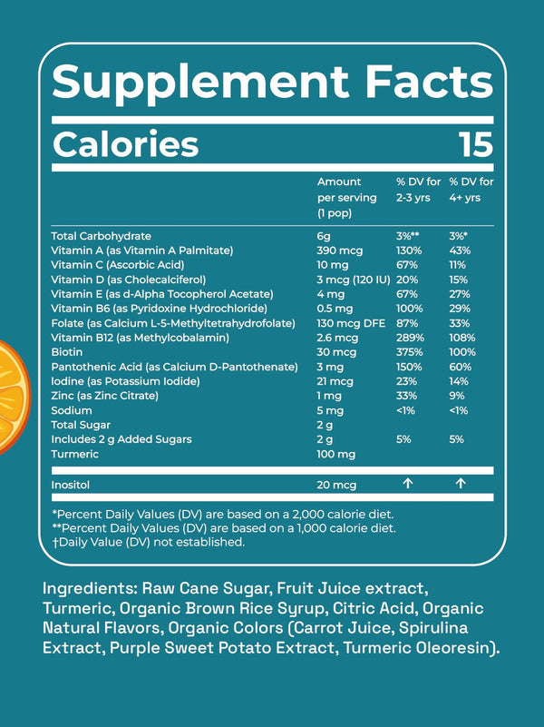 Supplement facts label with detailed nutritional information on a blue background