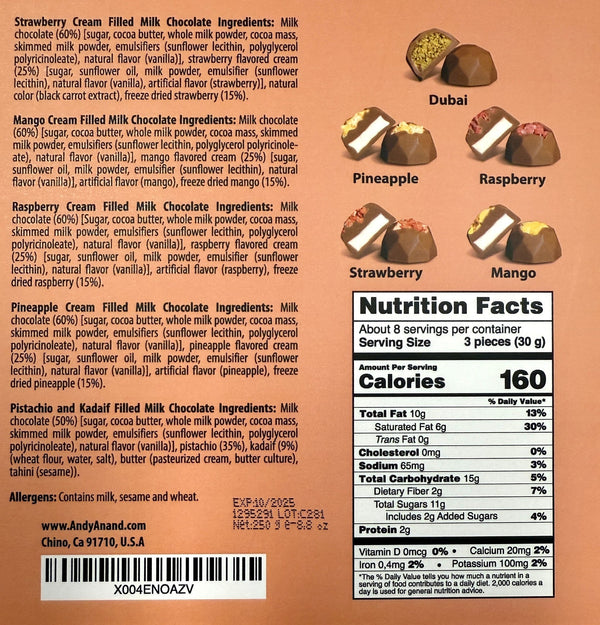 Chocolate packaging with ingredients list, flavor names, and nutrition facts on a brown background.
