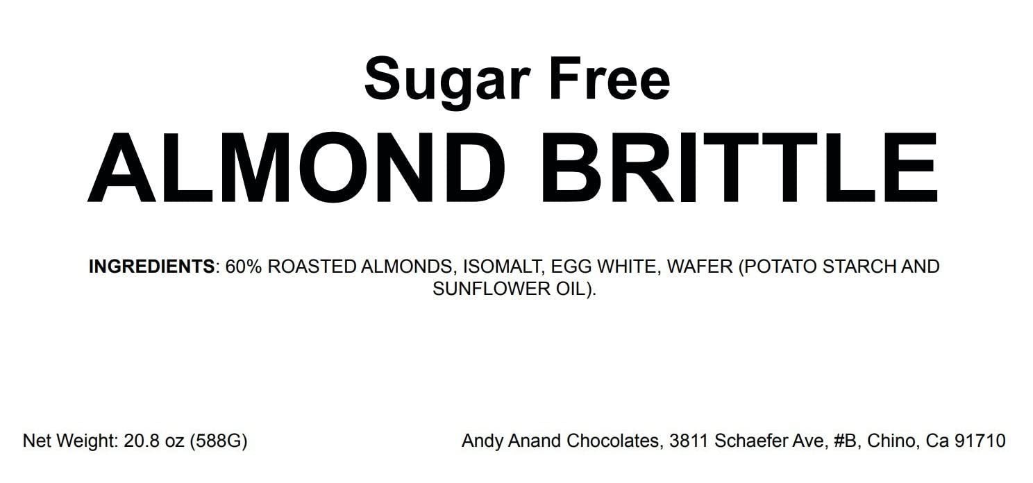 Label for sugar-free almond brittle with ingredients and contact information.