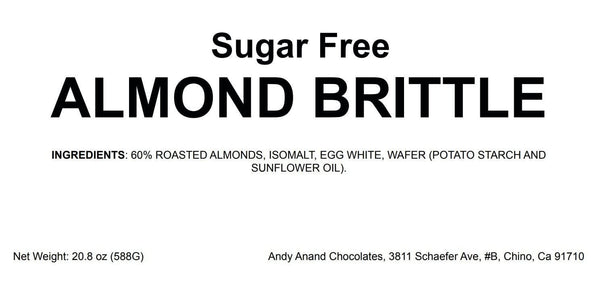 Label for sugar-free almond brittle with ingredients and contact information.