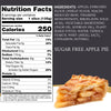 Nutrition facts label and slice of sugar-free apple pie on a white background