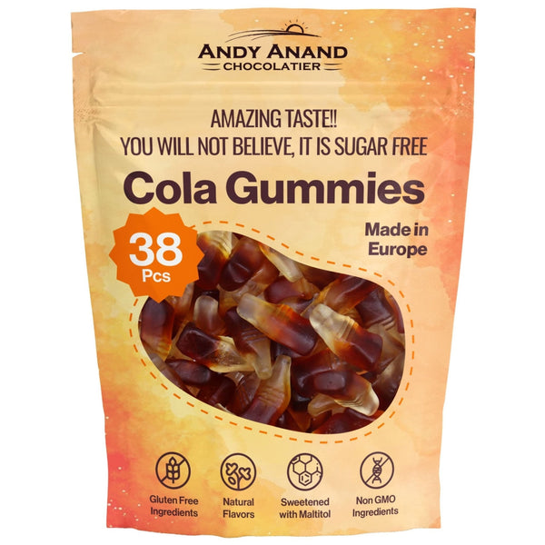 Packaging of Andy Anand Cola Gummies with text and product image on a white background. Enjoy the bold, nostalgic taste of Andy Anand’s Sugar-Free Cola Gummies. Handcrafted in Europe, these 38 chewy mini bottles are gluten-free and diabetic-friendly. The perfect guilt-free gift for movie nights and parties!