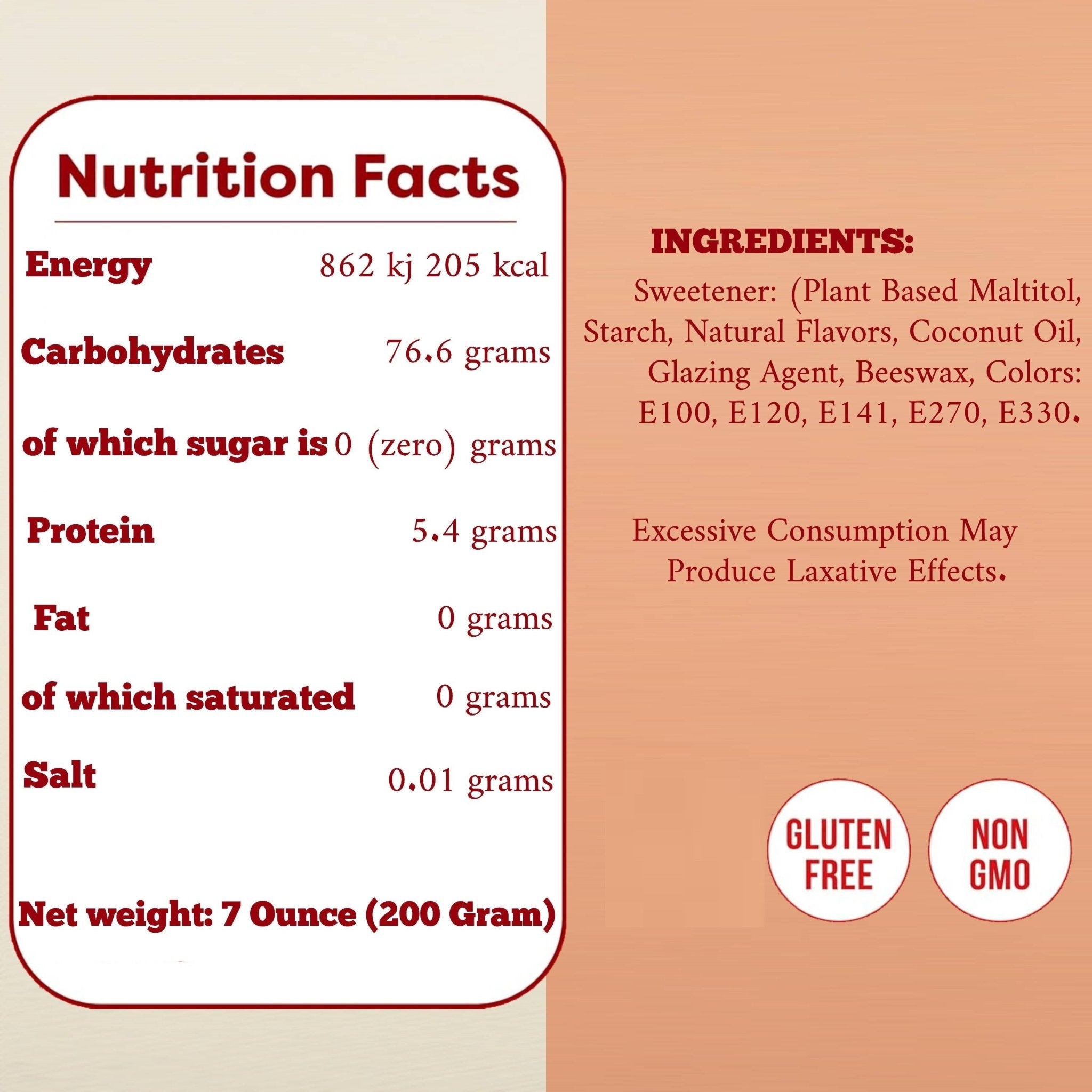 Nutrition facts and ingredients label on a beige and peach background