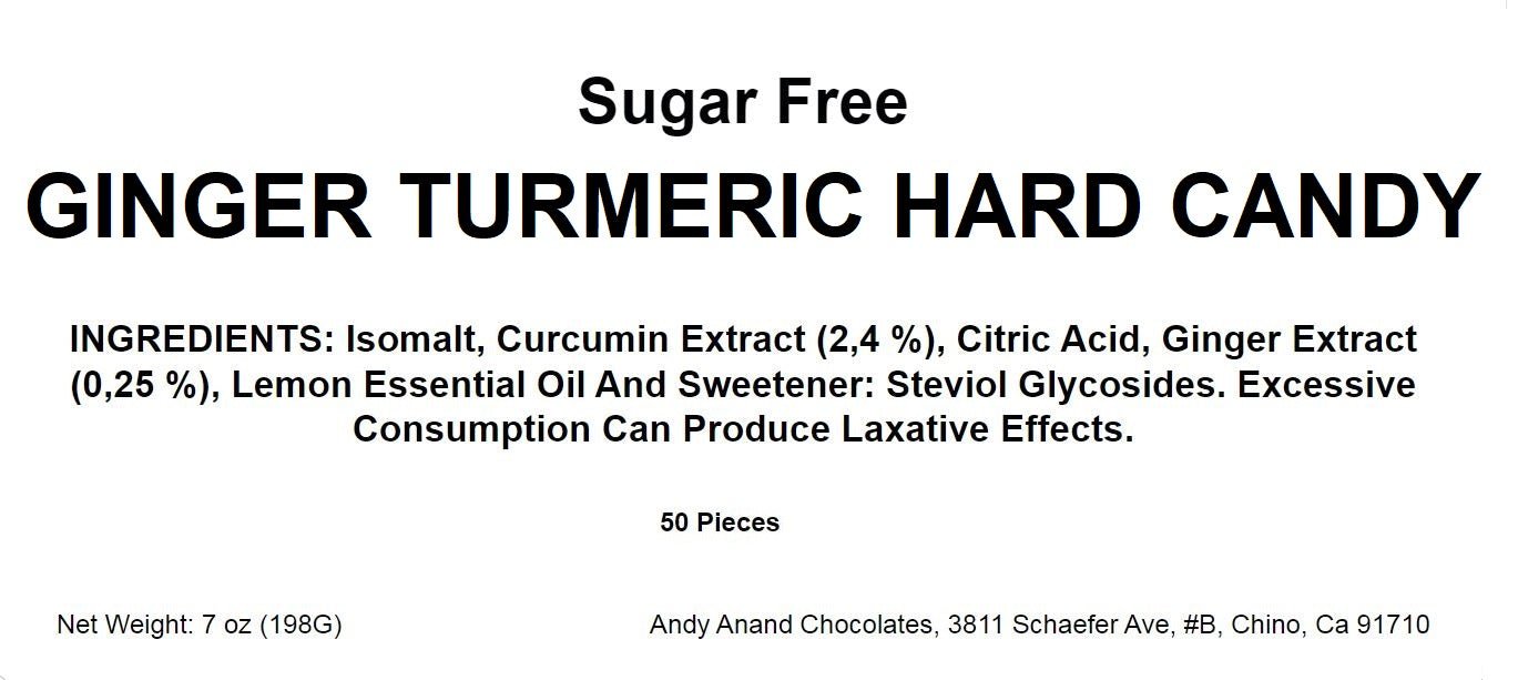 Andy Anand ginger turmeric candies with packaging, highlighting zero sugar and European craftsmanship