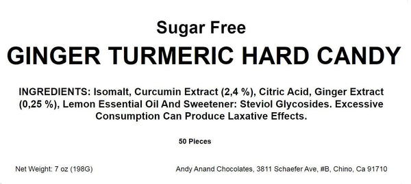 Andy Anand ginger turmeric candies with packaging, highlighting zero sugar and European craftsmanship
